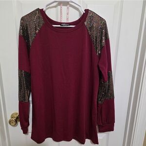 Heimish Burgundy Sequin Sleeve Top NEW Size LG